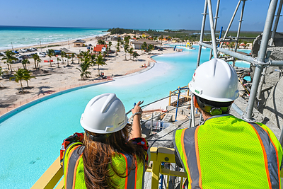 Carnival Cruise Line President Christine Duffy and Carnival Corp. CEO Josh Weinstein look out over Celebration Key on Grand Bahama during a special behind-the-scenes tour of the exclusive destination's construction.