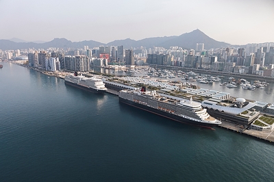 Queen Elizabeth and Queen Anne pictured together for the first time, at Kai Tak Cruise Terminal, Hong Kong