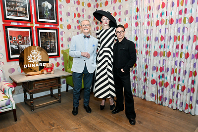 Bob Mackie, Coco Rocha and Christian Siriano gather to reveal details on Cunard's upcoming Transatlantic Fashion Week voyage on Queen Mary 2, which sails from New York this October. Coco Rocha is wearing Christian's specially-created dress inspired by the upcoming sailing. (Photo by Diane Bondareff for Cunard)