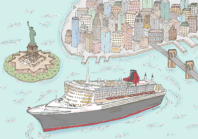 Illustrator Tanu Vasu brings to life the updated look of Cunard’s Queen Mary 2 as she passes by New York’s iconic harbor