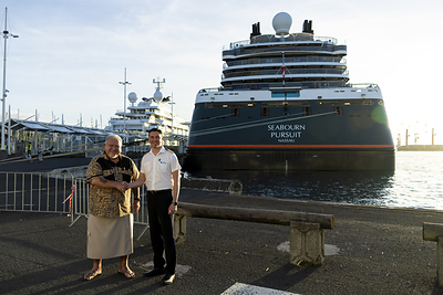 President of French Polynesia Moetai Brotherson is welcomed by Seabourn Pursuit Captain Steven Macbeath during the ship's call to Papeete, Tahiti on April 7, 2025. The visit marked a meaningful exchange as Seabourn continues to deepen its connection with the region through expedition travel.